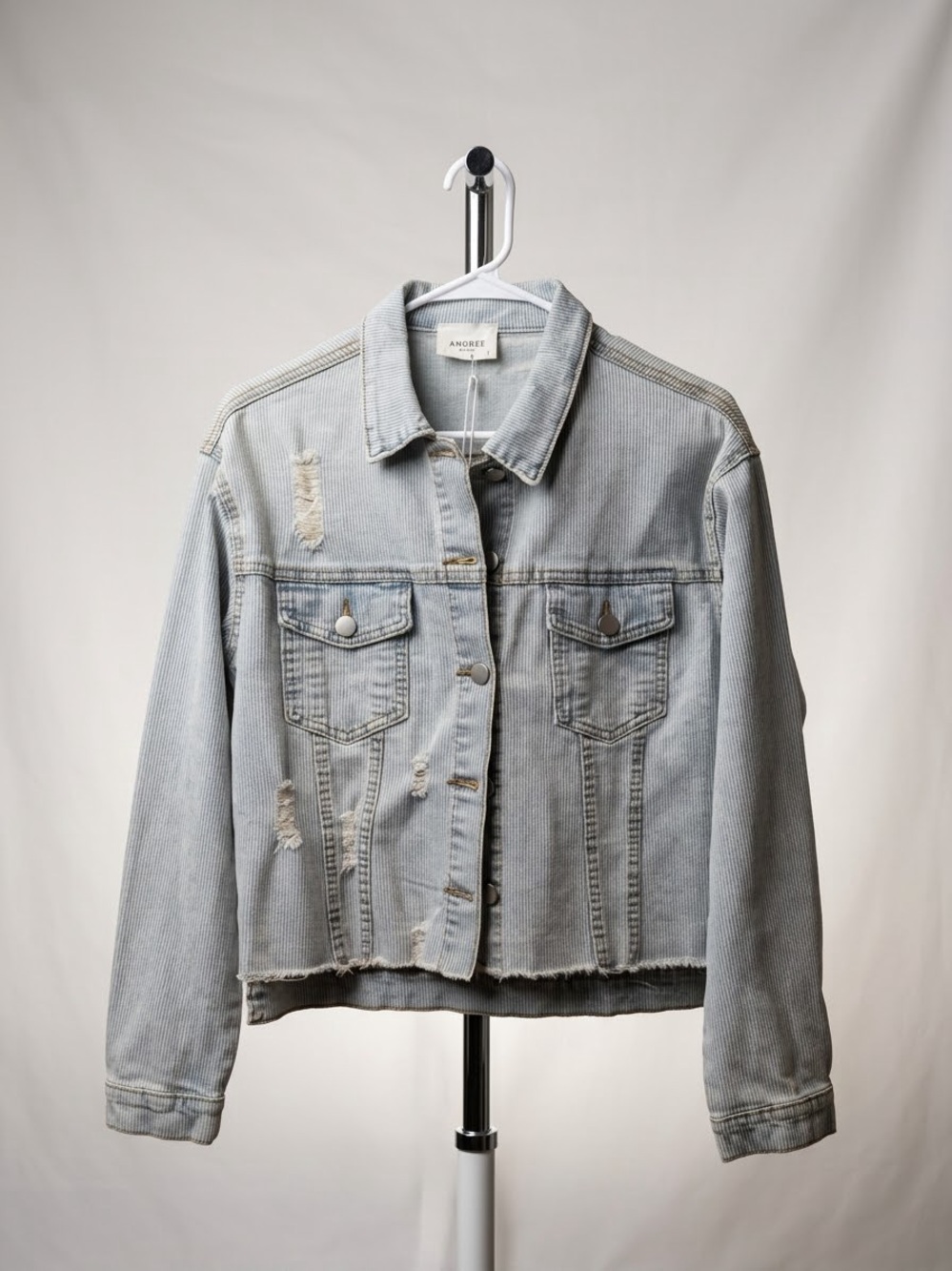 ANDREE BY UNIT / Light blue  Distressed Denim Jacket/ NWT / small / pinstriped